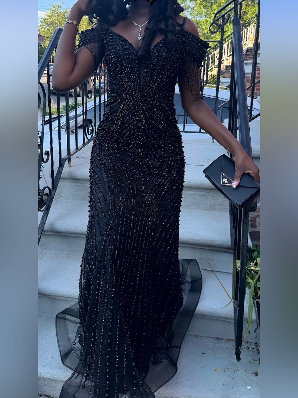 Black Off-the-Shoulder Beaded Mermaid Gown